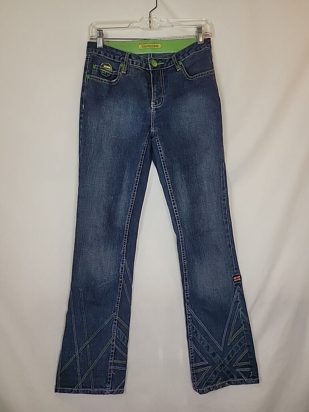 Pepe Jeans London Y2K Womens 29x32 Green Embroidery Great Britain Stitched Flag
